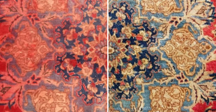 Before and after carpet cleaning comparison showing the dramatic improvement in rug appearance