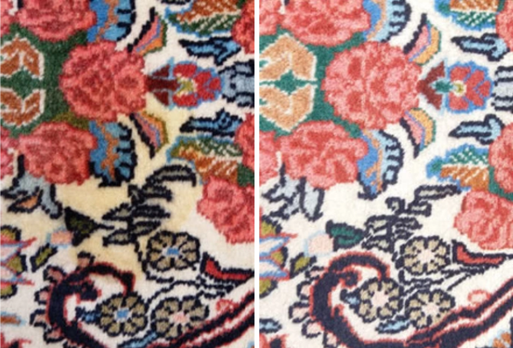 Side-by-side comparison showing dramatic improvement in rug cleaning results